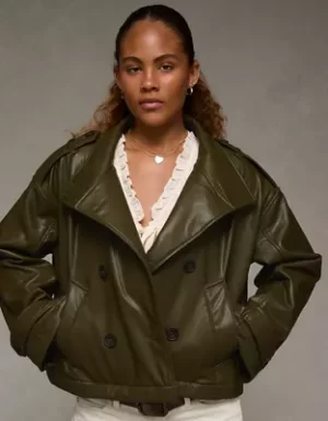 AE Faux Leather Cropped Trench Jacket