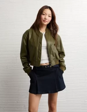 AE Faux Leather Cropped Bomber Jacket