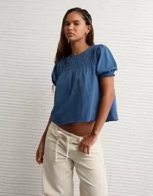 AE Sunchaser High Neck Puff Sleeve Smocked T-Shirt